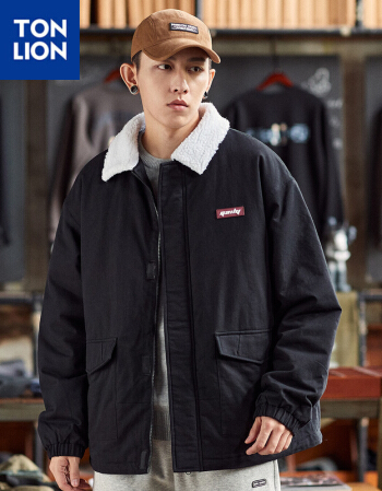 唐狮外套男仿羊羔绒翻领潮流男士夹克男