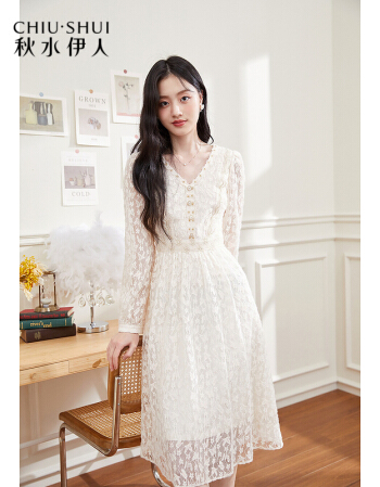 秋水伊人气质蕾丝连衣裙女装V领职场仪式感中长裙
