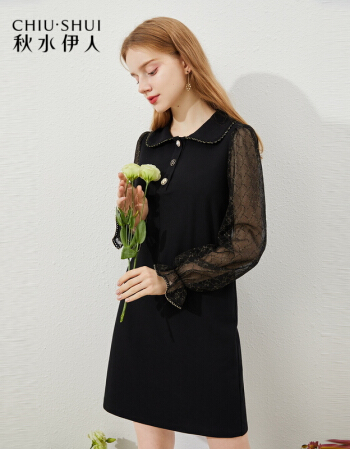 秋水伊人女装气质蕾丝拼接中长款七分袖衬衫裙连衣裙