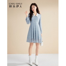 秋水伊人连衣裙女装甜美拼接POLO领中长款蕾丝裙女