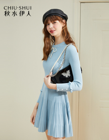 秋水伊人女装时尚通勤甜美温柔风百搭针织连衣裙女