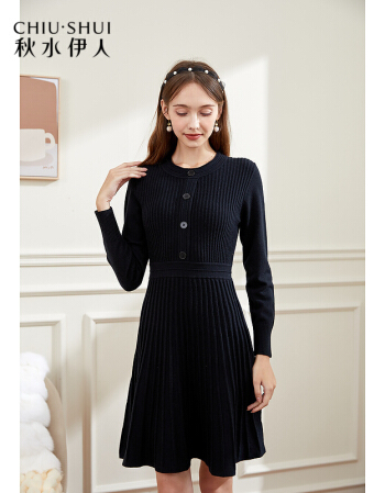 秋水伊人高腰百褶软糯针织连衣裙女装气质修身裙