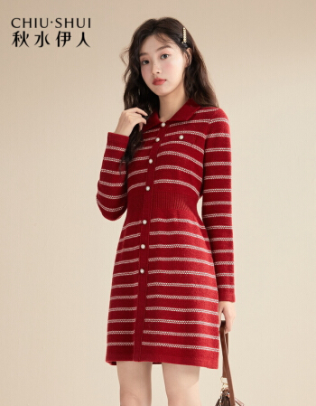 秋水伊人连衣裙女装淑女时尚POLO领中长款针织裙女