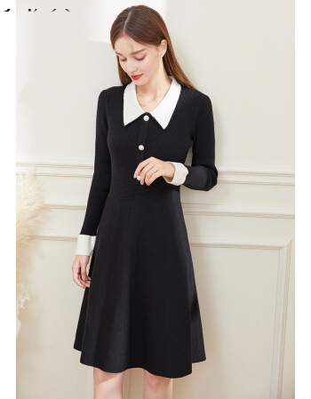 秋水伊人赫本风连衣裙新款女装撞色小翻领修身裙