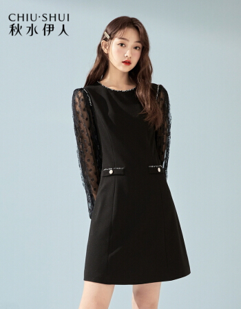 秋水伊人连衣裙气质时尚纯色简约通勤蕾丝拼接裙女