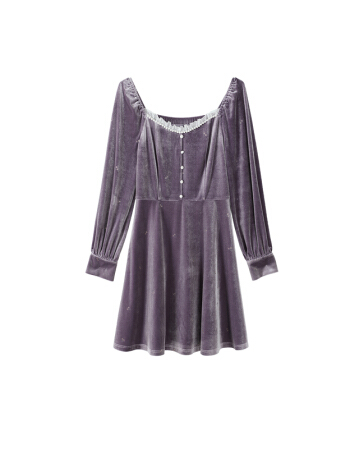 秋水伊人女装气质修身中长款方领长袖丝绒连衣裙女