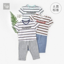 familybygb男女宝宝衣服儿童纯棉薄款圆领条纹撞色短袖套装